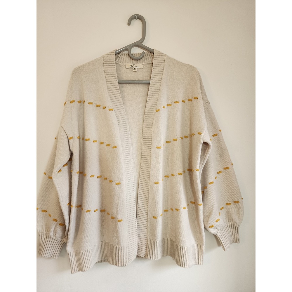 Le Serein Textured Open Front GrandmaCore Cardigan Swtr M Cream Yellow Dash Knit